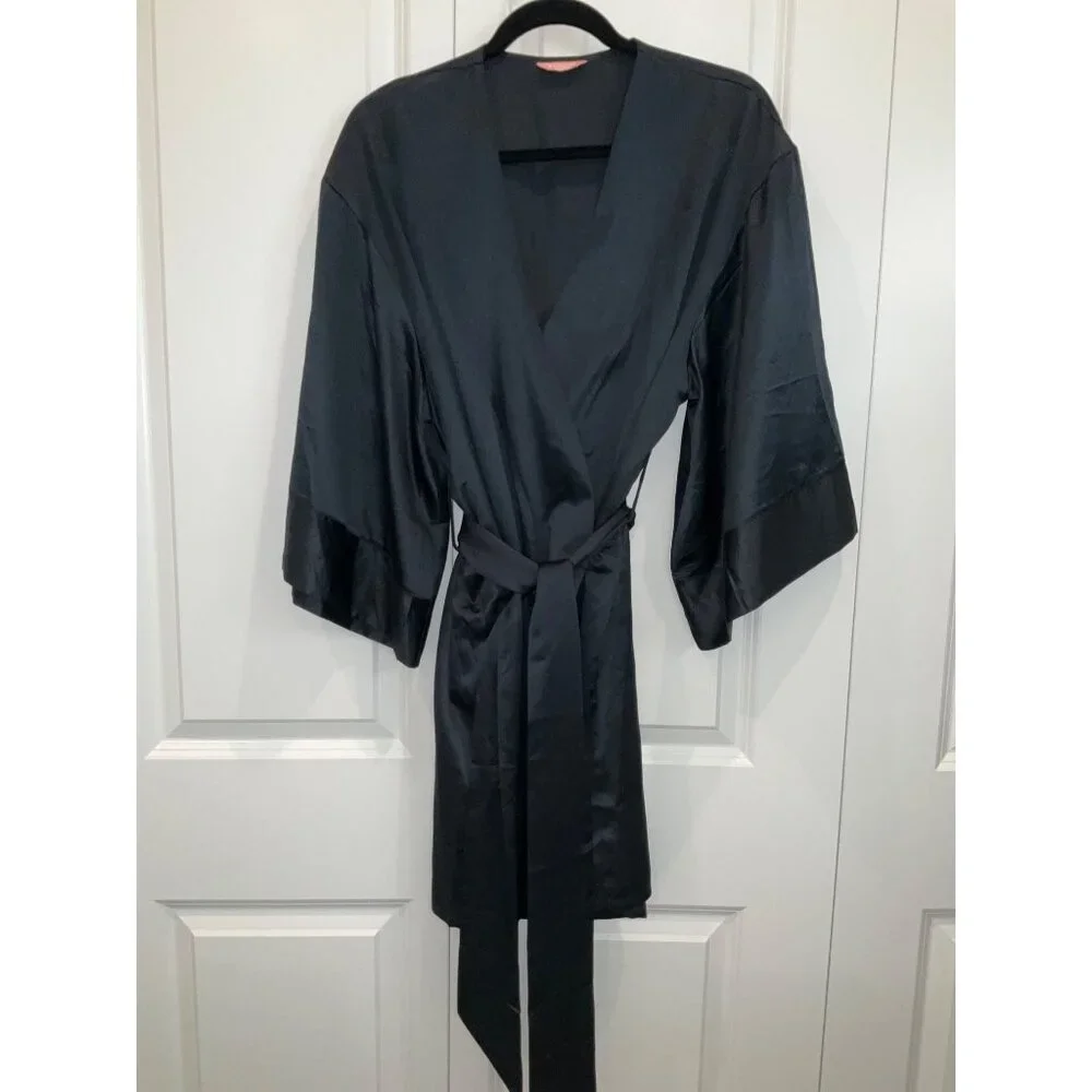ThirdLove short Black silky Kimono tie Robe One Size Third Love - Picture 2 of 5